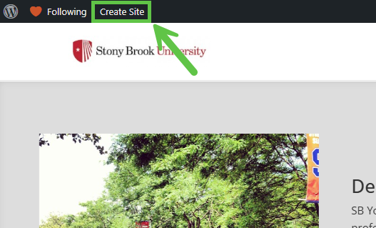 Create site button located at the top left of the page
