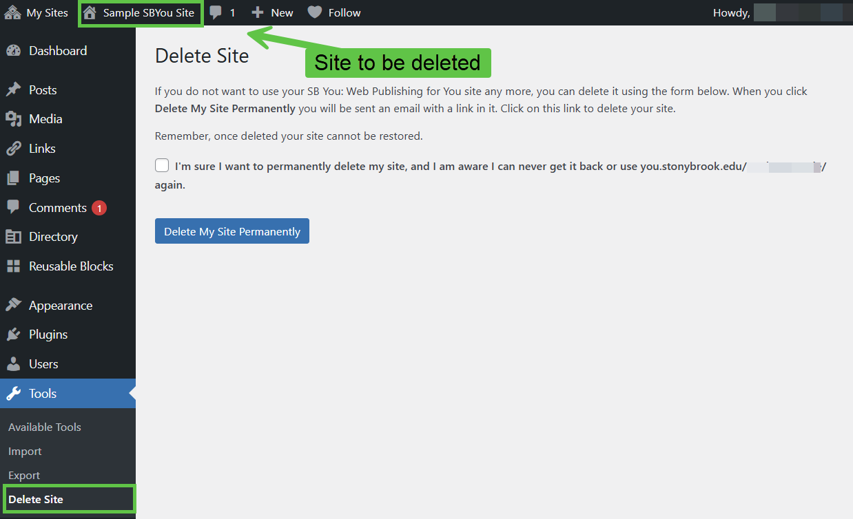 Delete Site page