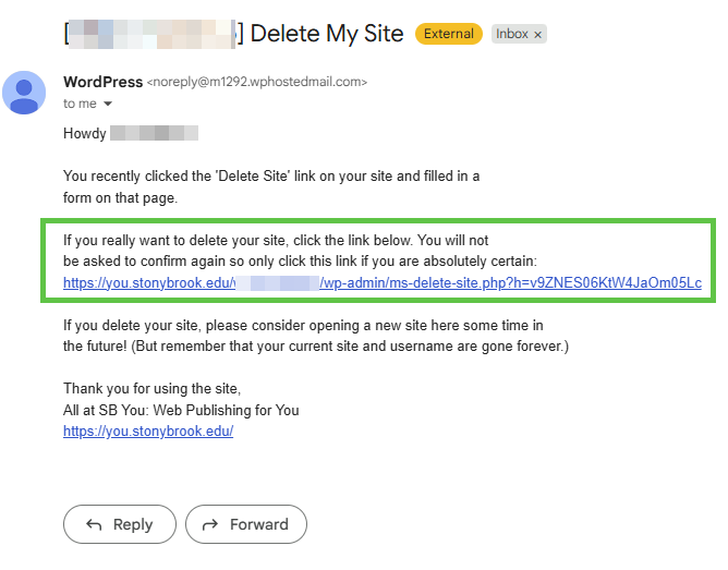 Deletion confirmation email