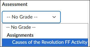Screenshot of a drop down selector that shows a grade item titled "Causes of the Revolution FF Activity" to link. 