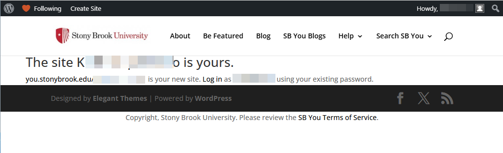 Message showing successful site creation