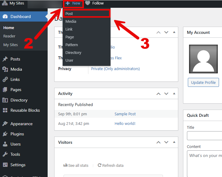 SBYou Dashboard with arrows pointed at "New" button and arrow pointed at "Post" button in the dropdown menu.