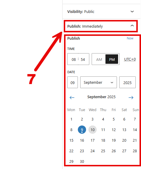 SBYou post editor publish sidebar with arrow pointed to the publishing condition dropdown menu with time, date, and calendar customization included.