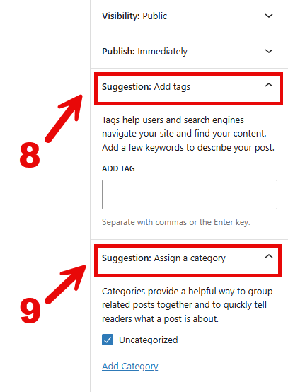 SBYou post editor publish side bar with arrows pointing to "Suggestion: Add tags" dropdown menu and "Suggestion: Assign a category" dropdown menu.