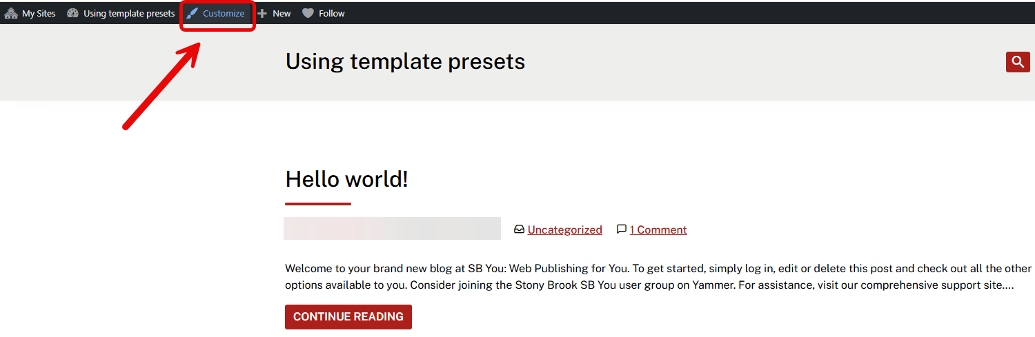 SBYou homepage. Customize is circled.