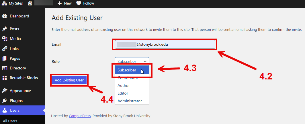 SB You Users tab, step 4.2 points at Email, step 4.3 points to the "Subscriber" role from the dropdown, step 4.4 points to Add Existing User