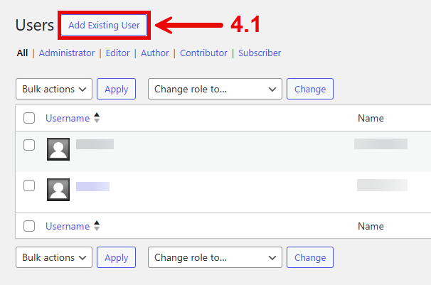 SB You User interface, step 4.1 pointing at the Add Existing User button.