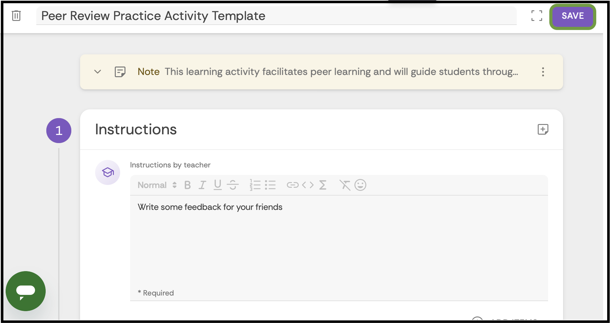 Activity editing screen