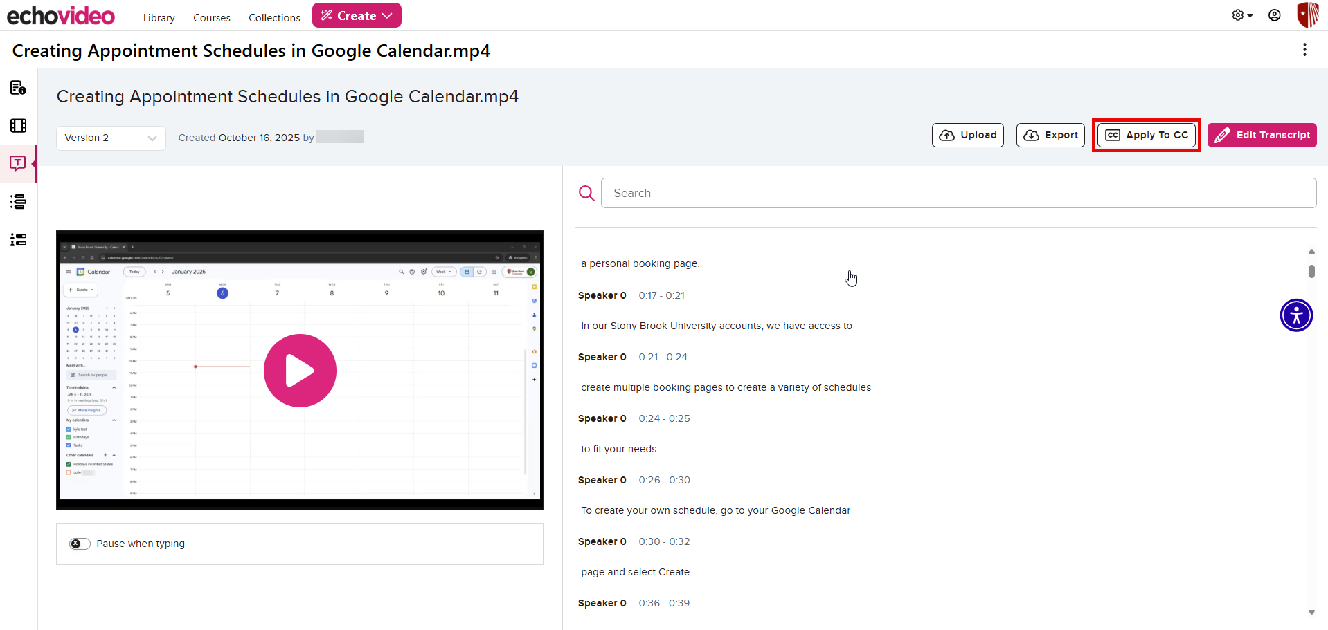 In the editing transcript page, the Apply To CC button is highlighted