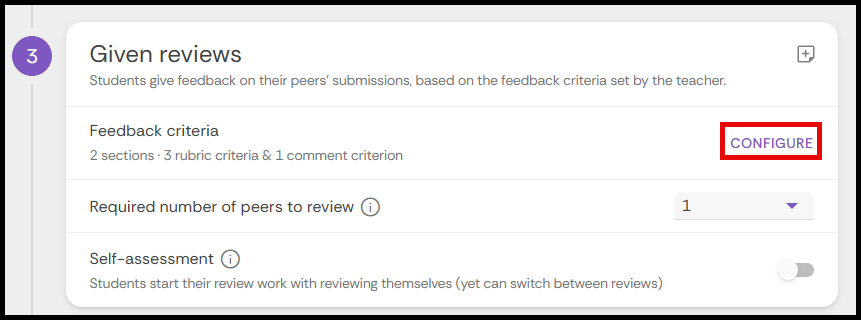 Configure button selected from the Given reviews learning step