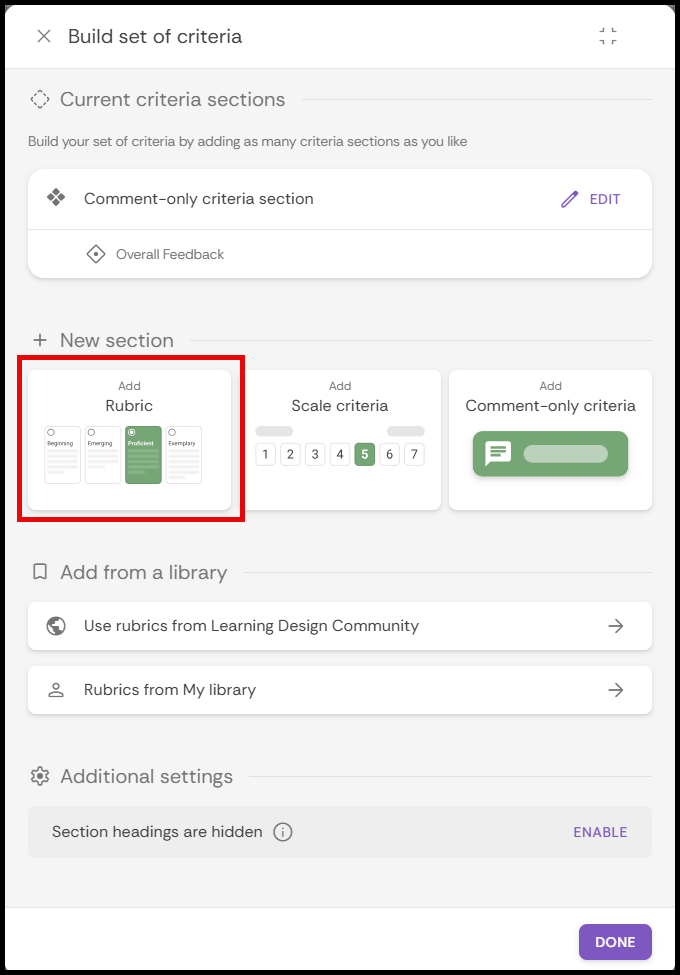 Add rubric button selected from the Build set of criteria menu