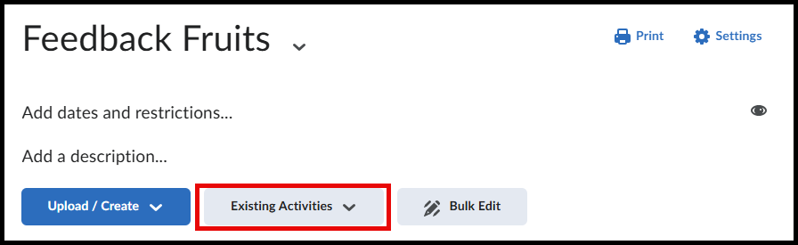 Highlighted Existing Activities button from Content