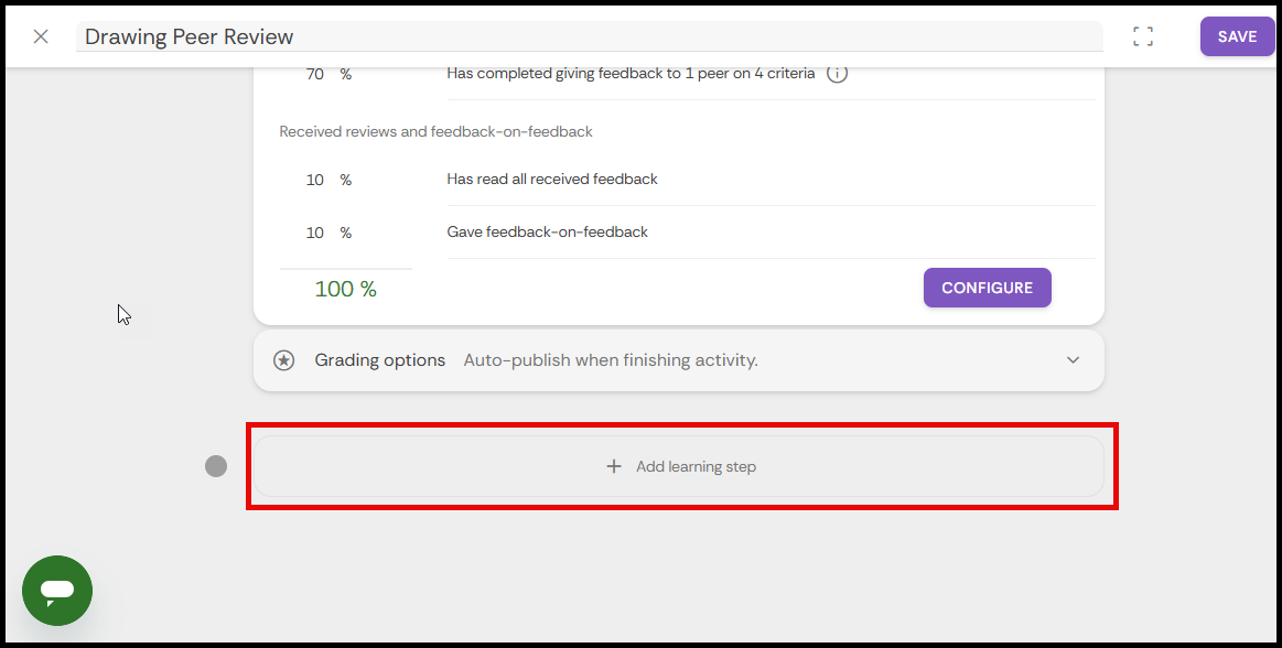 Highlighted Add learning step button at the end of the activity