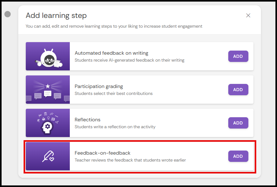 Highlighted Feedback-on-feedback button from the Add learning step button.