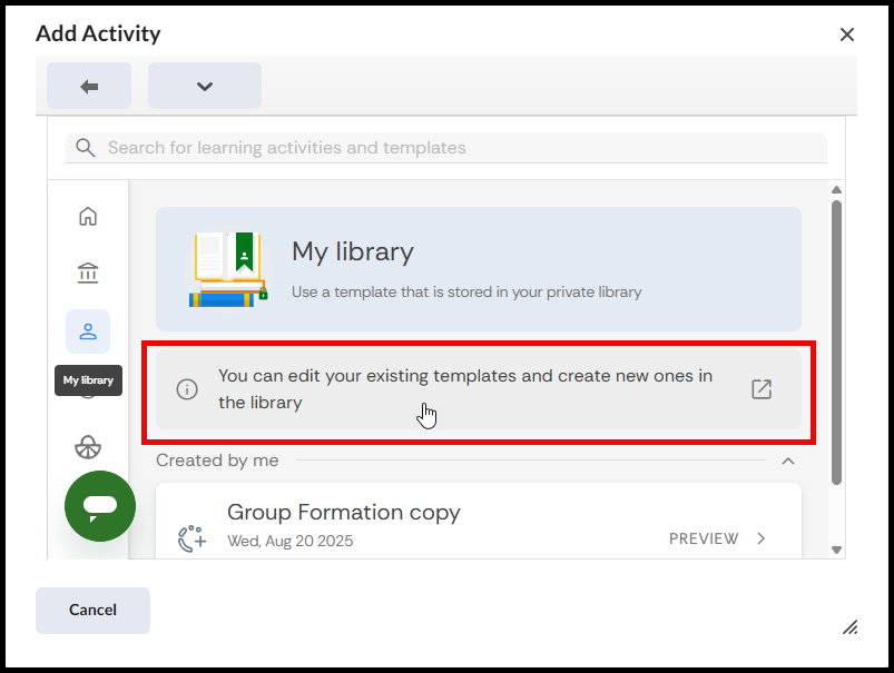 Highlighted pop-up to open the library