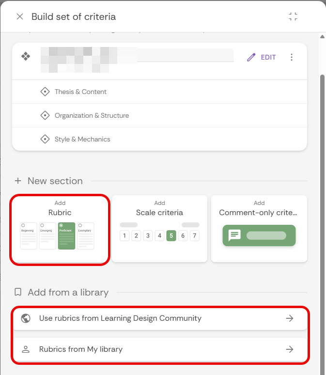 Selecting Add rubric 