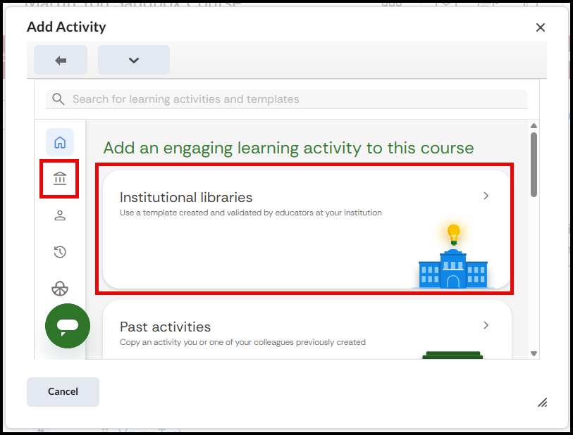 FeedbackFruits Menu, with the Institutional libraries icon in the sidebar highlighted, as well as the button in the main screen