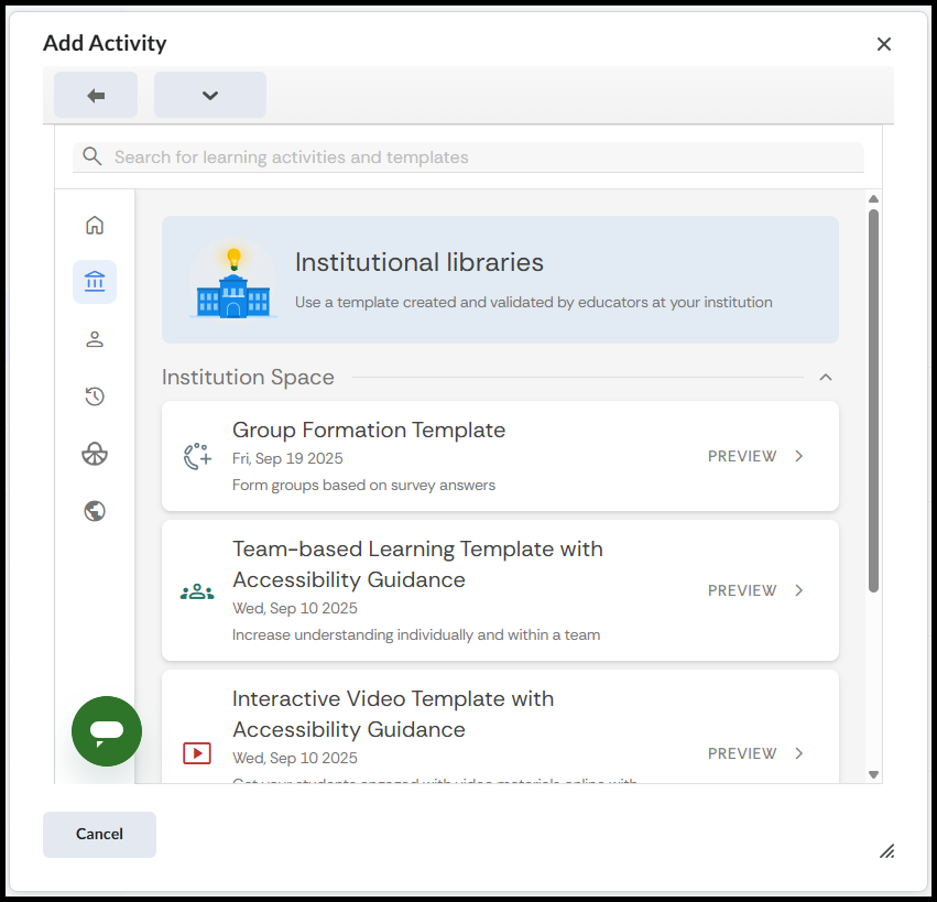 Institutional Libraries list of activities