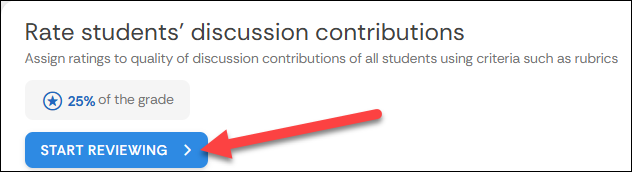 Screenshot of the Rate students discussion contributions section of an activity. There is a button in this area titled "Start Reviewing".