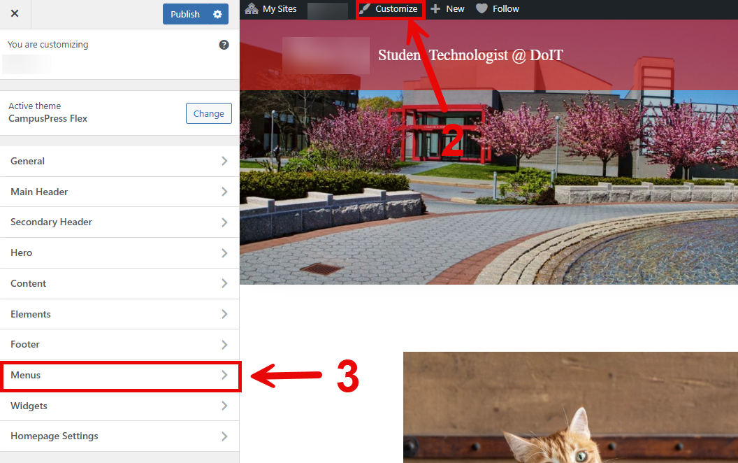 Customize button (appearing on the top menu bar) and Menus button (appearing on the left navigation bar) highlighted