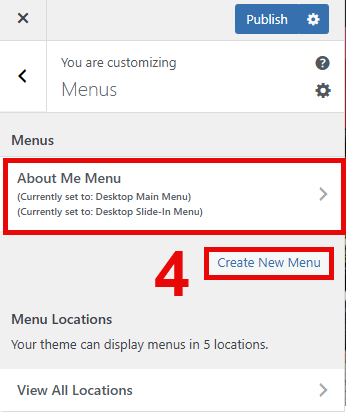 Existing menu button under Menu title and blue Create New Menu button under the previous button