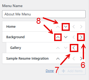 In order, up, down, left, and right buttons next to each page item blocks