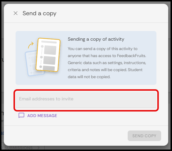 Entering the email to share the FeedbackFruits template