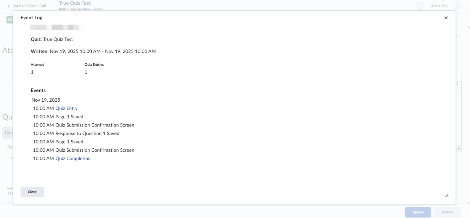Click on event log, and it shows timestamp and a summary of each action during the quiz