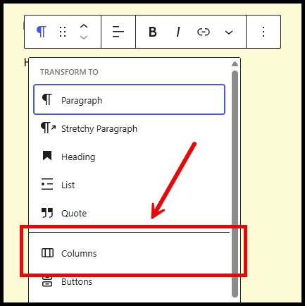Columns highlighted in the dropdown to transform the current block