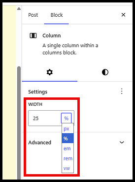 Width setting for a column, with an option to change the measurement