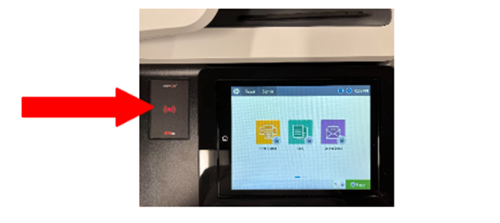 HP copier showing the icon (circle with curved lines indicating radio signals) where you tap your ID in order to use the copier.