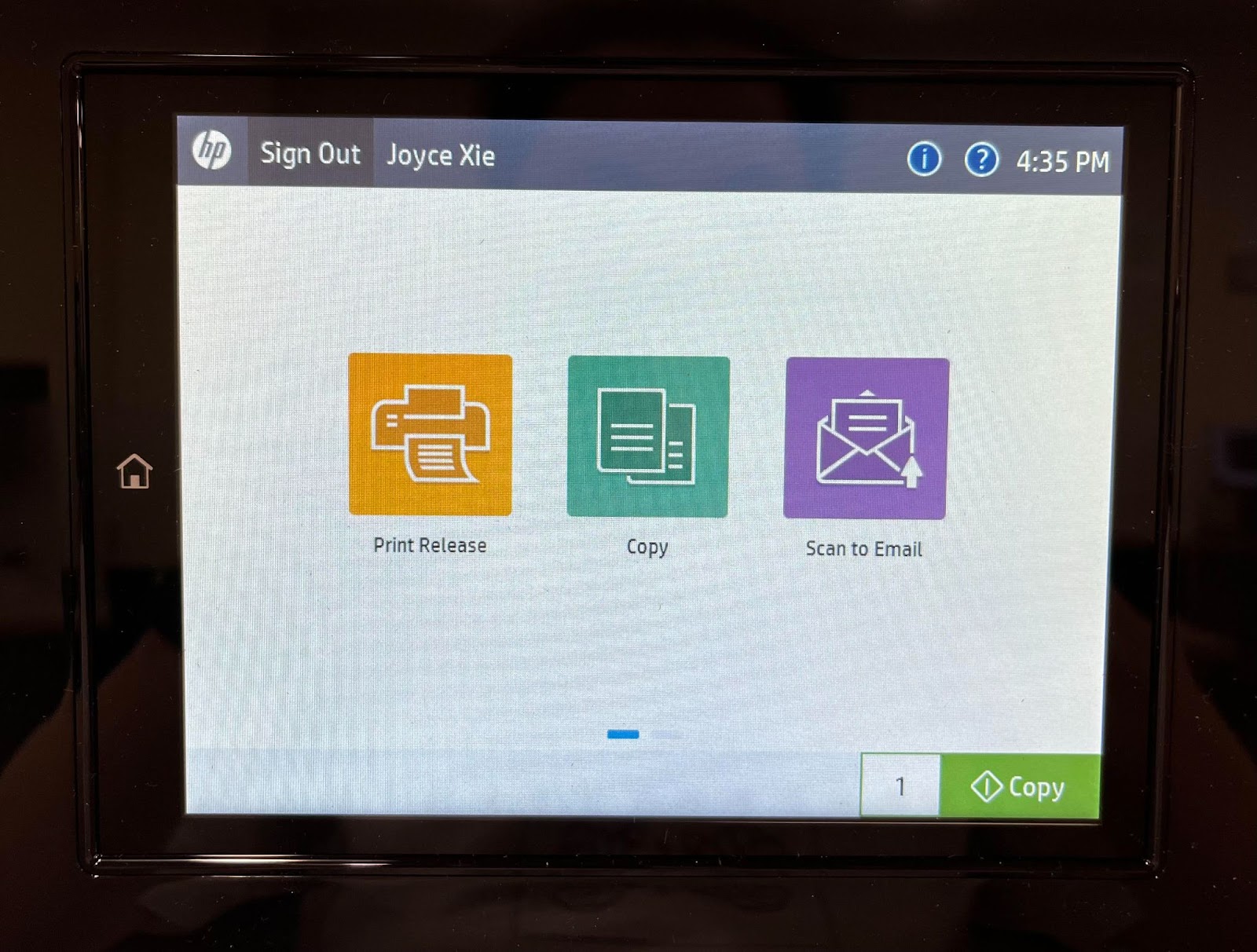 HP home screen showing the copy button and the copy options available.