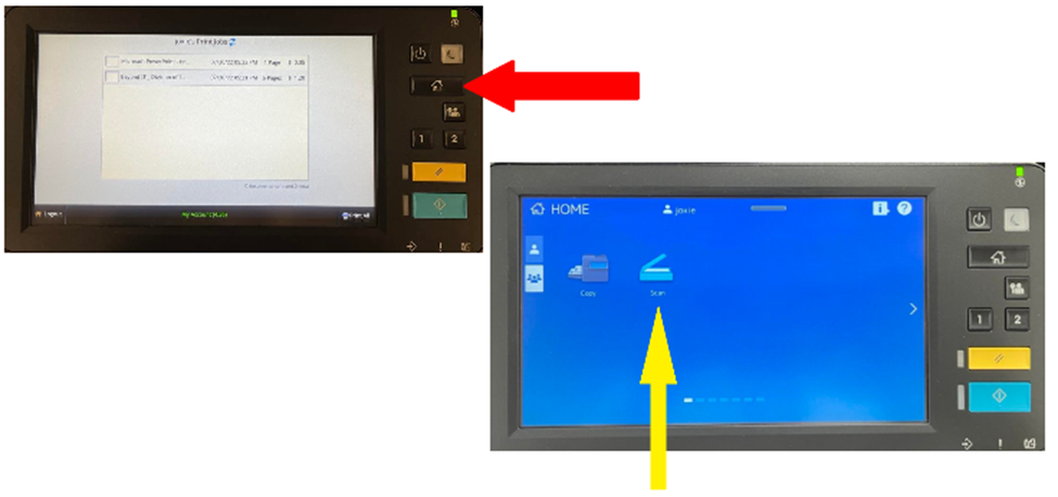 Toshiba control panel indicating the physical "home" button (House Icon) and a screenshot of the home screen with the copy menu button selected.