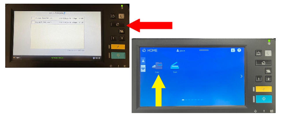 Toshiba copier control panel indicating the physical "home" button (House Icon) and a screenshot of the home screen with the copy menu button selected.