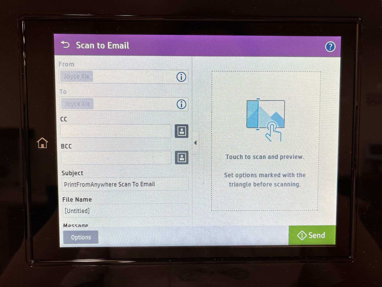The HP Scan to email form where you can specify who the e-mail is from, where to send it, subject and attachment file and message name