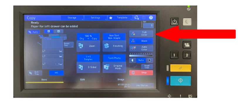 Toshiba copier screen with the "Full Color" option indicated.