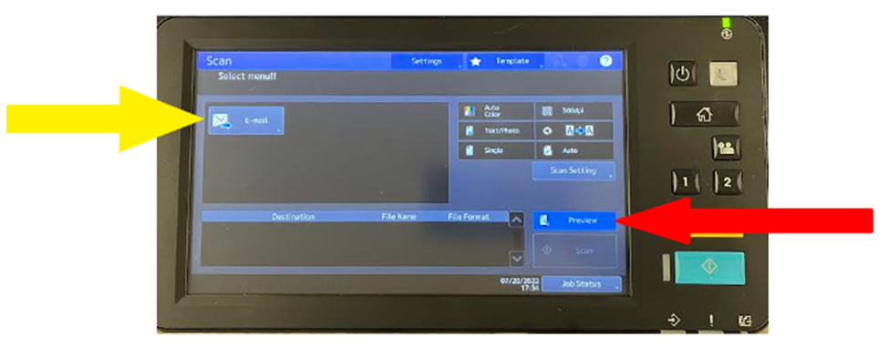 Toshiba scan to e-mail screen with the e-mail button indicated near the top left of the screen and the preview button toward the lower right