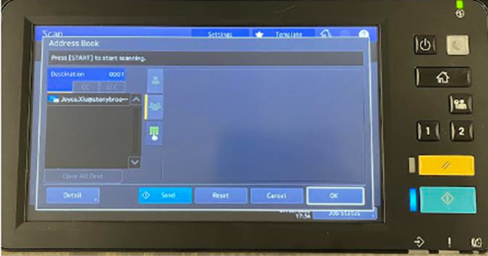 Toshiba address book screen with your e-mail address already preconfigured as the from and to address.
