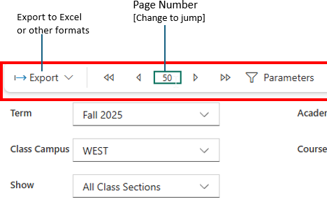 Screenshot of SBU Reporting Export and Page Navigation toolbar