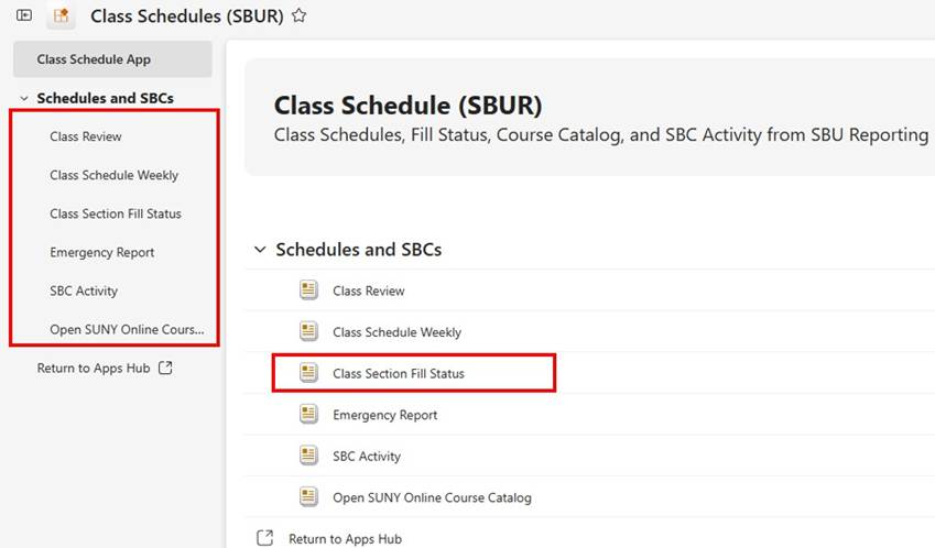Screenshot of SBU Reporting with the Class Section Fill Status report selected
