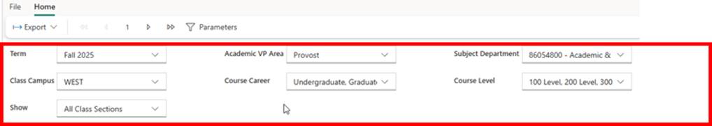 Screenshot of SBU Reporting's report parameter selection screen.
