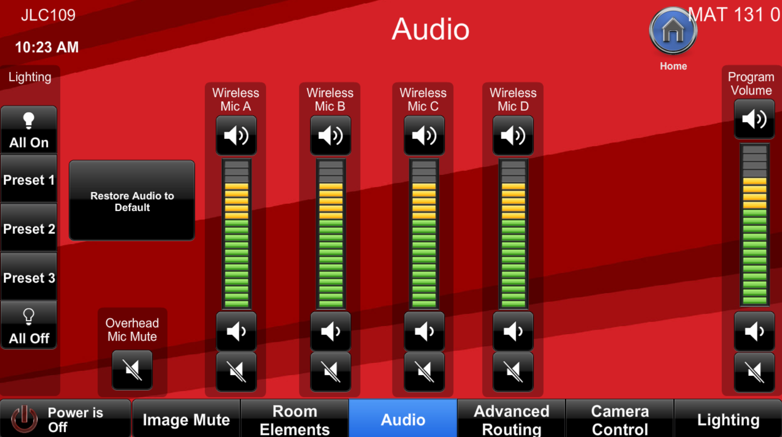 Audio tab with volume sliders for individual microphones.