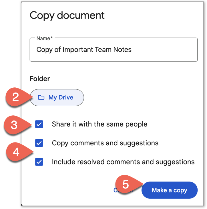 screenshot of copy document window show Folder: My Drive