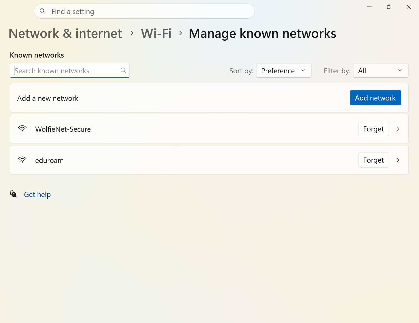 Windows device, select forget network