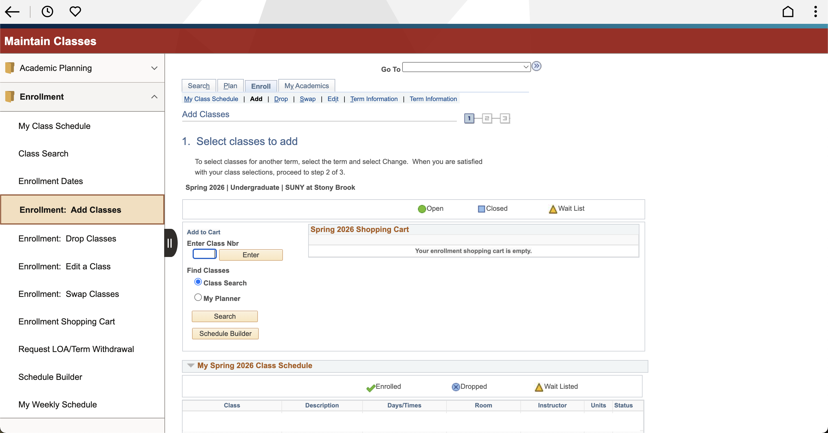 Interface for class enrollment at SUNY Stony Brook for Spring 2026 term with menus and empty shopping cart.