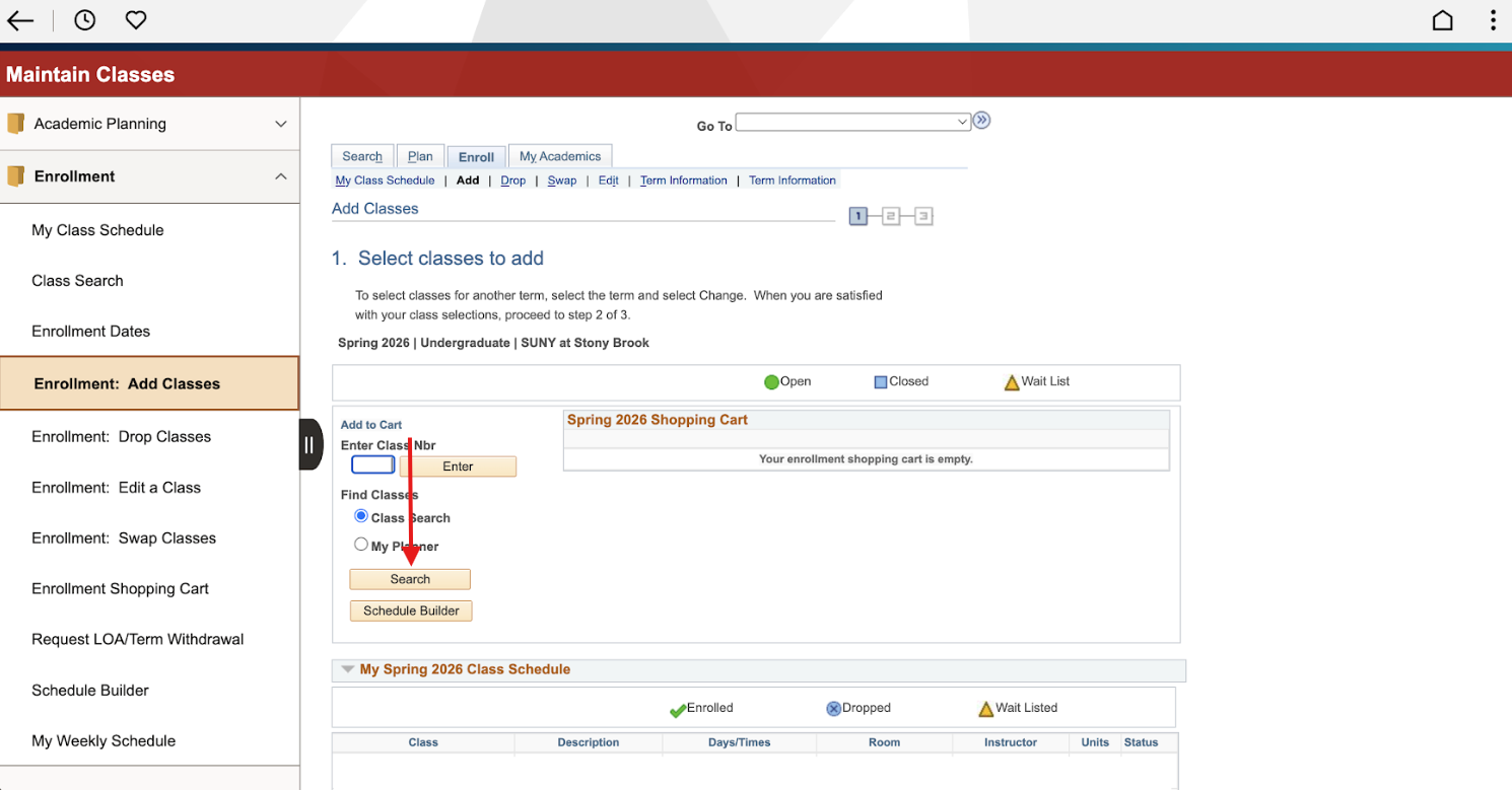 Online enrollment portal page showing options to add classes for Spring 2026. Red arrow indicating “Search” button.