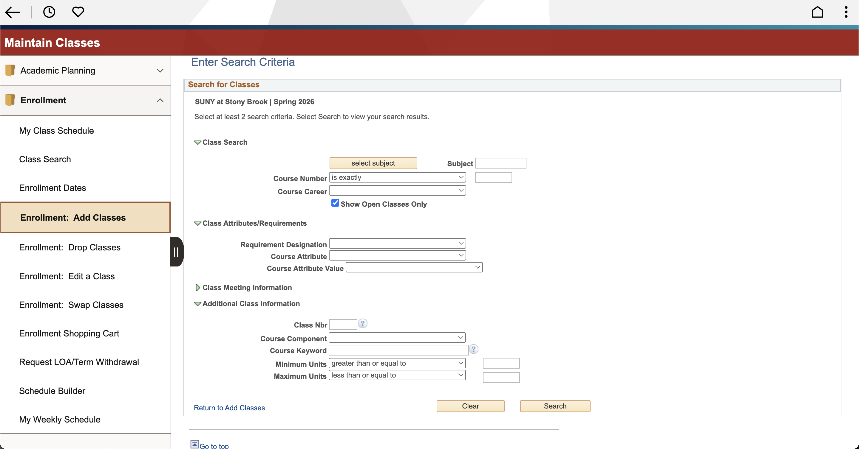 Webpage interface for class management with a menu and search criteria form.