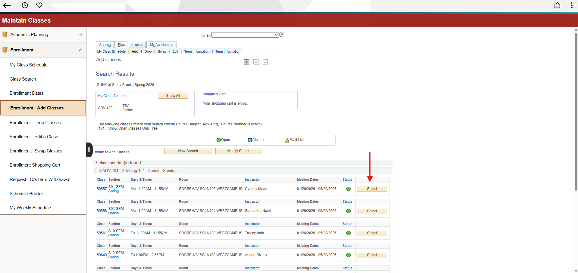 University online class enrollment interface showing available sections for "ADV 101" with enrollment options. Arrow indicating “Select” button.