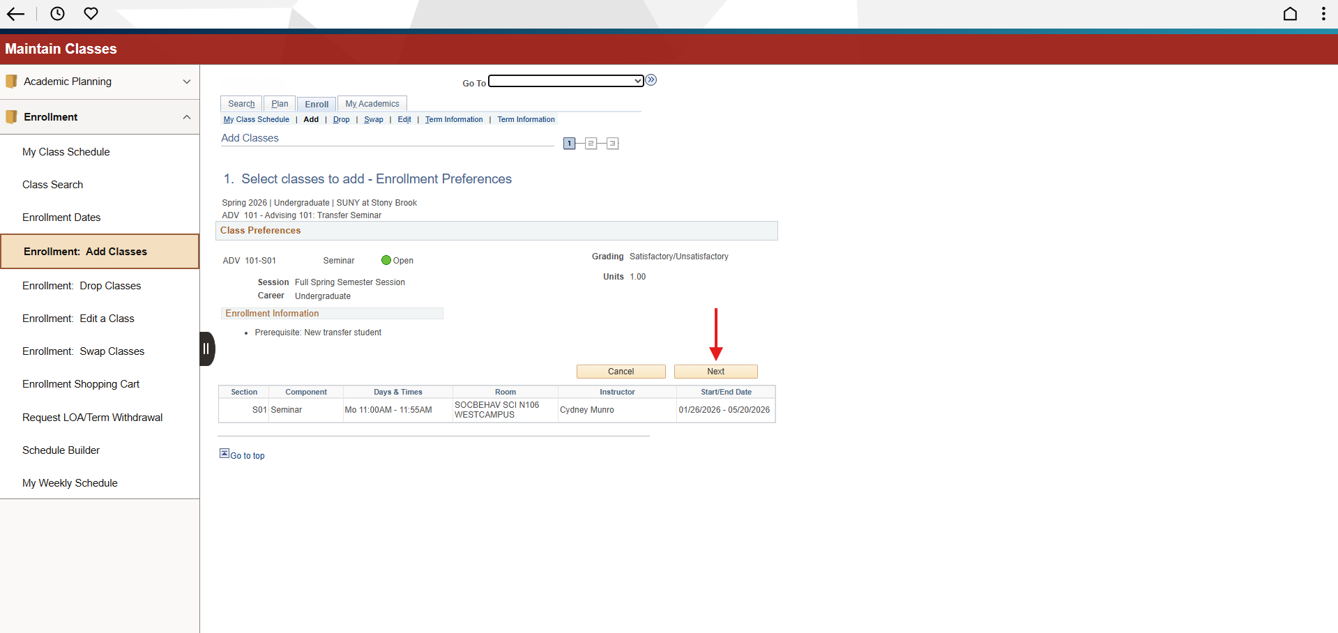 A screenshot of an online class enrollment page for "ADV 101 - Advising 101: Transfer Seminar." Red arrow indicating the “Next” button.