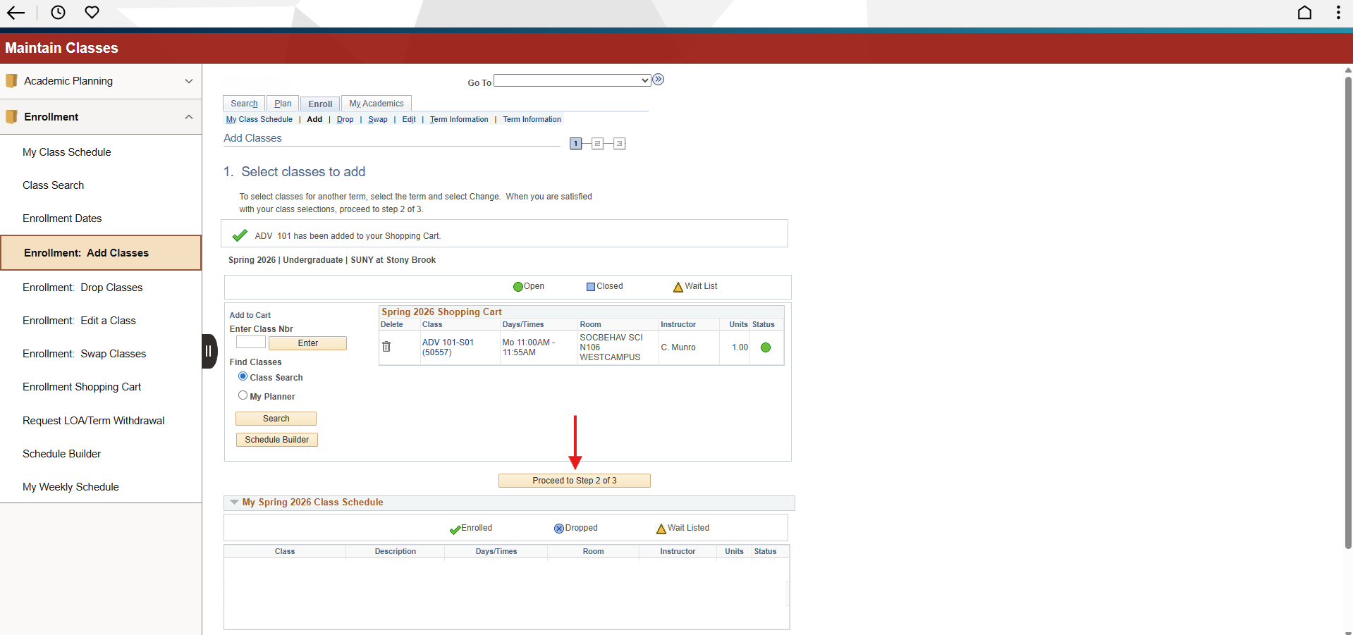 Webpage interface for adding classes, showing class details and enrollment steps. Red arrow indicating the “Proceed to Step 2 of 3” button.